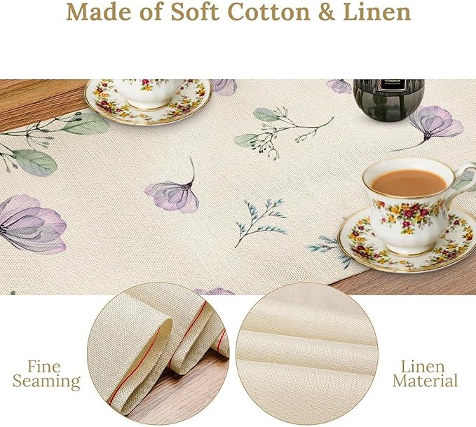 Poppy Flower Table Runner, Watercolor Purple Floral Leaves Seasonal Spring Summer Table Runner for Kitchen Dinning Table Runner Decor Home Wedding Party Holiday, 13x36 Inch