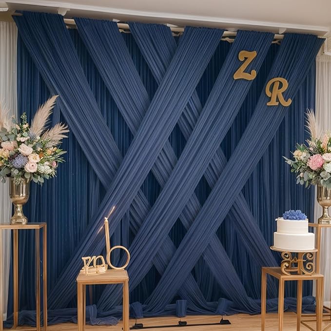 50×12ft Navy Blue Wrinkle Free Backdrop Curtain for Wedding Parties, 10 Panels 5×12ft Long Soft Silky Polyester Backdrop Drapes Photo Back Drop Curtains for Birthday Photography Background Cloth