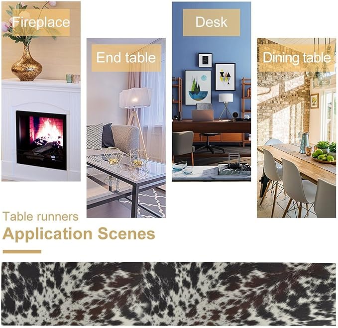 Cow Print Table Runner, Country Farm Animal Fur Skin Pattern Western Style Black Brown Cowhide Print Dinner Runner for Home Kitchen Dining Home Setting, 13x108 Inch
