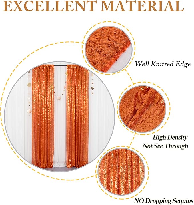ShinyBeauty Sequin Backdrop, Orange Backdrop Curtains,8 Pieces 2FTx8FT Photo Backdrops,Sparkle Fabric, Glitter Drapery 16x8FT, Shimmer Curtain Panels for Party,Birthday,Halloween Decor Backgrounds