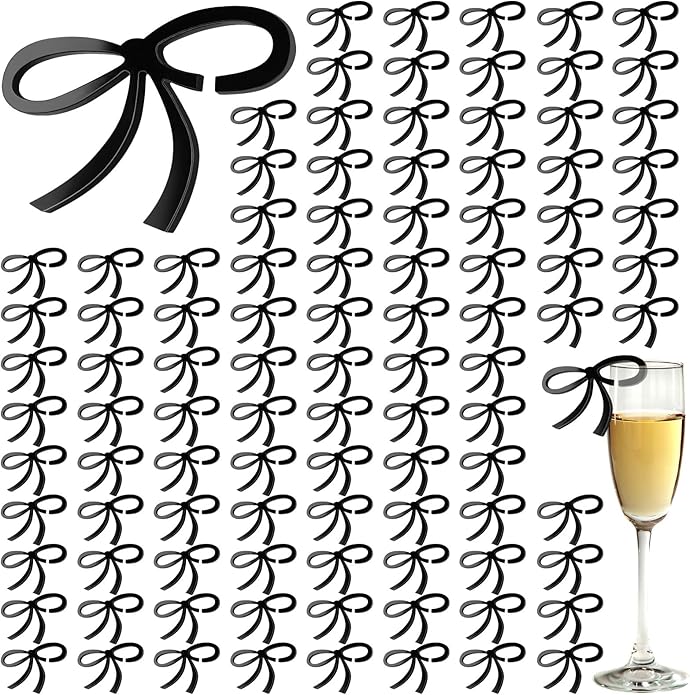 60 Pcs Acrylic Bowknot Wine Glass Charms,Black Coquette Drink Markers Decorative Tags for Bachelorette,Wedding,Birthday & Engagement Parties Coquette Themed Party Decor Accessories