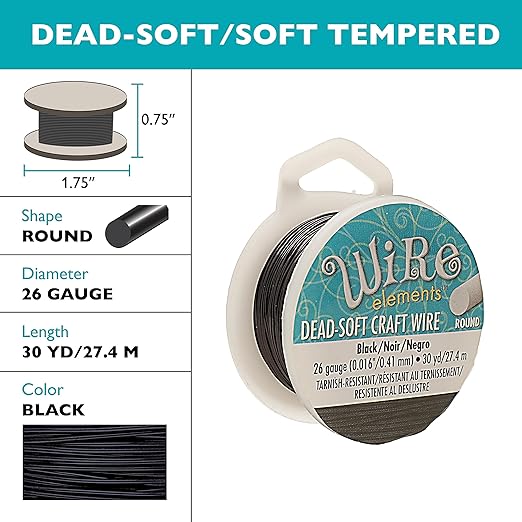 The Beadsmith Wire Elements Craft Wire – Tarnish Resistant, Soft Temper, Round, Black Color – 0.41mm, 26 Gauge, 30 Yard Spool – Jewelry Making, Wire Wrapping, Floral, & Other DIY Crafts