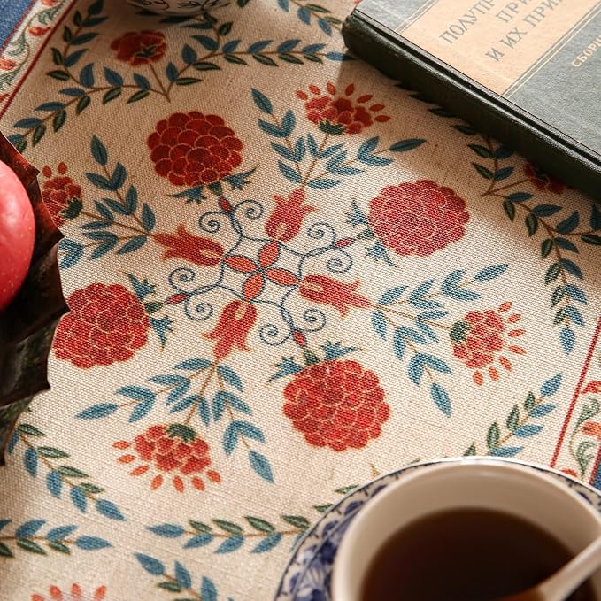 patdrea Designer Vintage Bright Farmhouse Linen Table Runner 71 Inch Long, Maroon Floral Pattern Table Mat, Decoration for Kitchen Dining Table Coffee Table Cabinet Banquet Christmas ,12"*71"