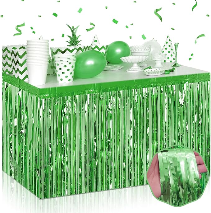 3 Pack 29 x108 Inch Light Green Foil Fringe Table Skirts Metallic Banner for Tinsel Streamer Garland Backdrop for Parade Floats Wedding Thanksgiving Birthday Christmas New Year Party Decoration
