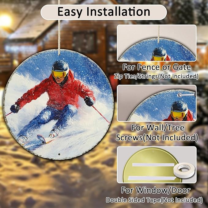 Round Ski Vintage Metal Sign Skiing Sign, Office Sign Home Décor Ski Lodge Décor Cabin Tin Sign 12 * 12 in