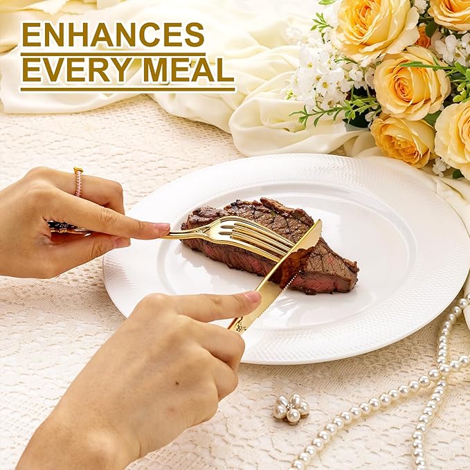 200PCS Gold Plastic Silverware - Heavy Duty Elegant Disposable Utensils - Gold Plastic Cutlery Set Includes 100Forks, 50Spoons, 50Knives for Dinner, Parties, Weddings