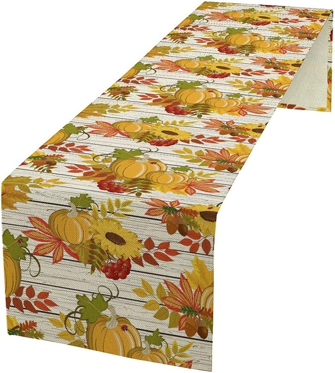 Autumn Table Runner,Seasonal Pumpkins Thanksgiving Kitchen Dining Table Decoration for Home Party Decor 13x36 Inch