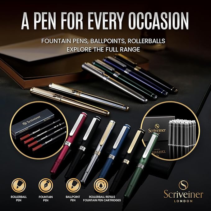 Scriveiner British Racing Green Fountain Pen - Stunning Luxury Pen with Chrome Finish, Schmidt Nib (Medium), Best Pen Gift Set for Men & Women, Professional, Executive, Office, Nice Pens