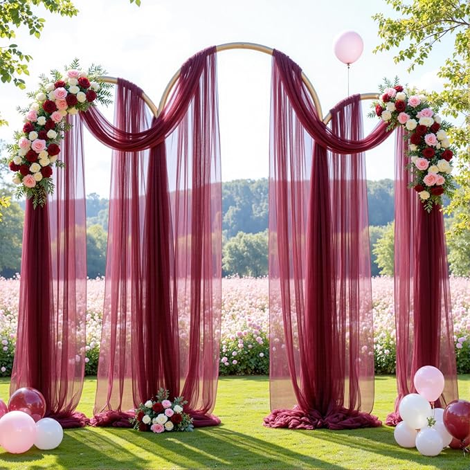 Wedding Arch Draping Fabric Backdrop 1 Panel 60" x 26Ft Burgundy Drapes Curtains for Wedding Reception Sheer Tulle Backdrop Curtain for Ceremony Birthday Party Baby Shower Arbor Ceiling Decorations