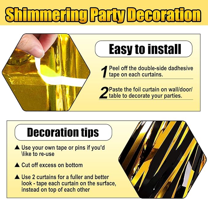 6 Pack Black Gold Foil Fringe Curtain Backdrop, 3.28Ft x 8.2Ft Metallic Tinsel Foil Fringe Streamer Curtains for Photo Booth, Birthday, Wedding, New Year Party Decorations