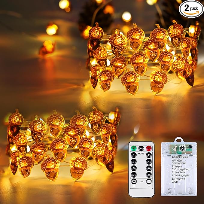 BOSSERN 2 Pack 60LED Thanksgiving Decoration Acorn String Light Battery Operated, 20FT Fall Lights with Remote, Waterproof 8 Modes Fairy Lights for Autumn Harvest Thanksgiving Halloween Decor