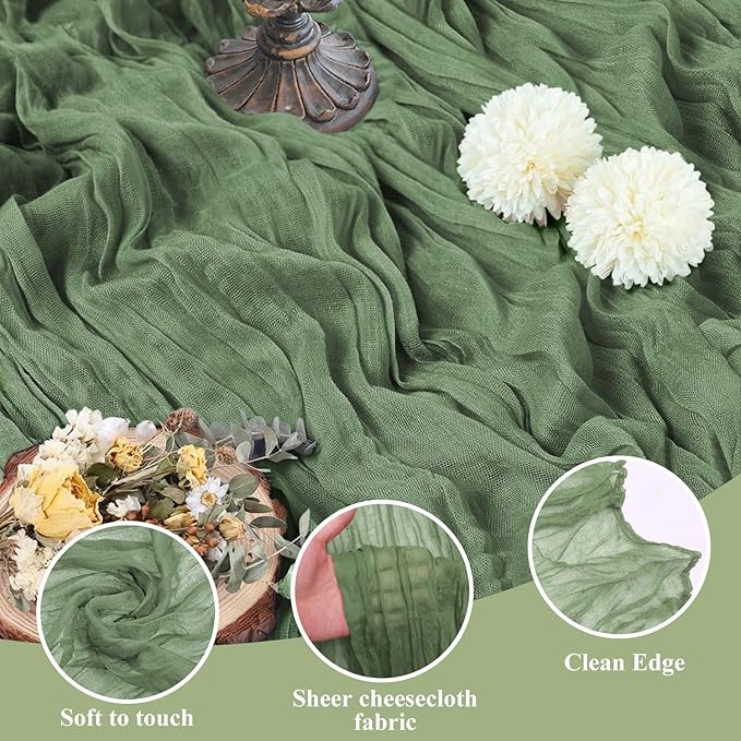 Asee'm 2pcs Cheesecloth Table Runner 120 Inches Sage Green Boho Gauze Cheese Cloth Runner 10FT Rustic Sheer Table Runners for Summer Wedding Baby Shower Holiday Party Decoration