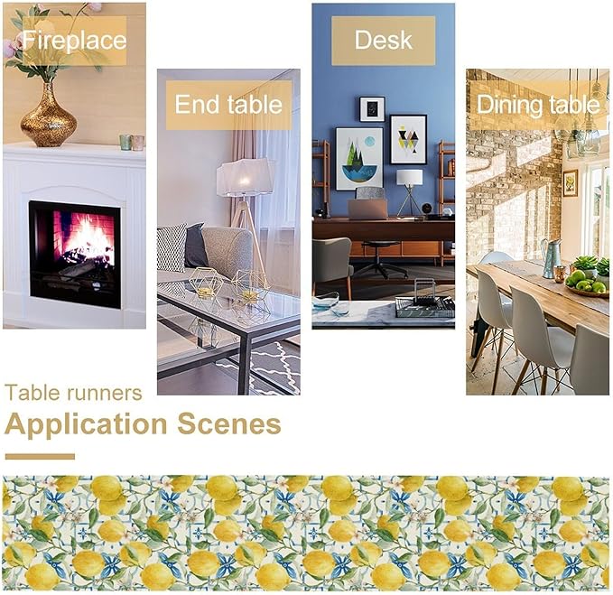 Lemon Table Runner,Watercolor Fruit Green Leaves Spring Summer Table Cloth Kitchen Dining Table Home Party Decoration 13x36 Inch