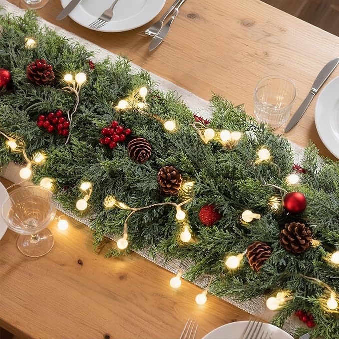 Christmas Cedar Garland - 5ft Artificial Cedar Garland Faux Lush Green Fake Pine Needles for Fireplace,Table,Window,Stairs,Mante,Holiday Indoor Outdoor Xmas Decor(1PCS)