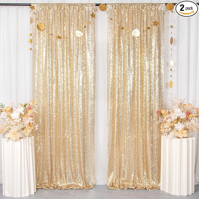 ShinyBeauty Sequin Gold Backdrop Curtains 2PCS Light Gold Glitter Background Sparkle Photography Backdrop Outdoor Backdrop (4FTx8FT,Light Gold)