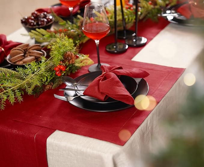 Linen Table Runner 14 x 90 Inch Long - 100% Pure Linen Christmas Red Table Runner - Cloth Fabric Hemstitch Runner for Thanksgiving, Christmas, Winter, New Year - Elara