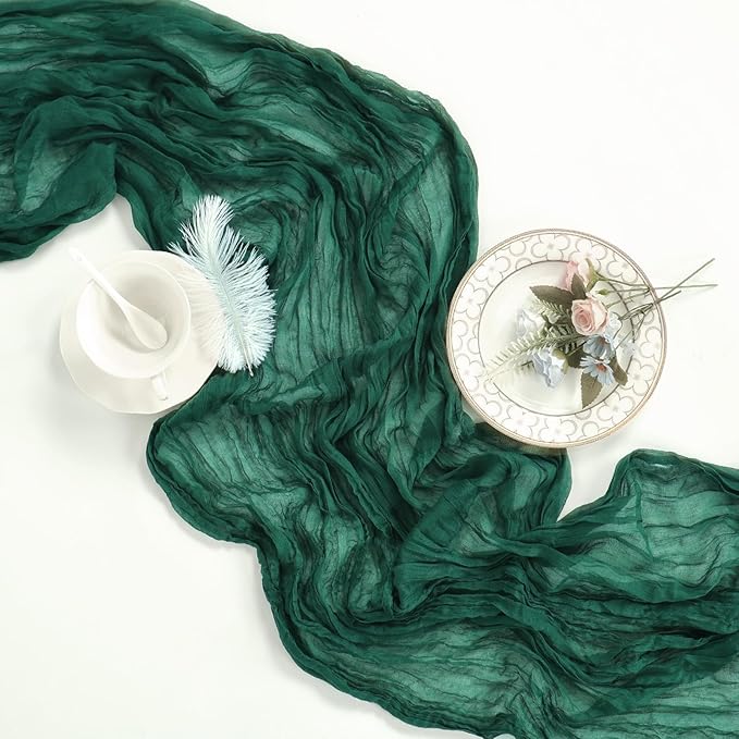 12 Pack Emerald Green Cheesecloth Christmas Table Runner 10ft Boho Gauze Fabric Cheese Cloth Table Runner 35 x 120 Inch Rustic Sheer for Wedding Decor Baby Shower Party Table Centerpiece Decoration