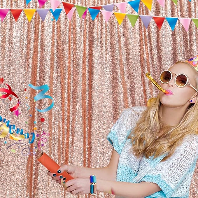 Poise3EHome 8FT x 8FT Rose Gold Sequin Backdrop Curtain Photography for Party Decoration, Rose Gold