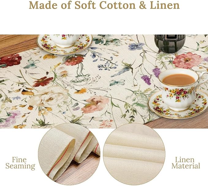 Floral Butterfly Table Runner,Rustic Colorful Flower Botanical Watercolor Pattern Print Burlap for Hotel Indoors Outdoor Dining Room Kitchen Holiday Party, 13x108in
