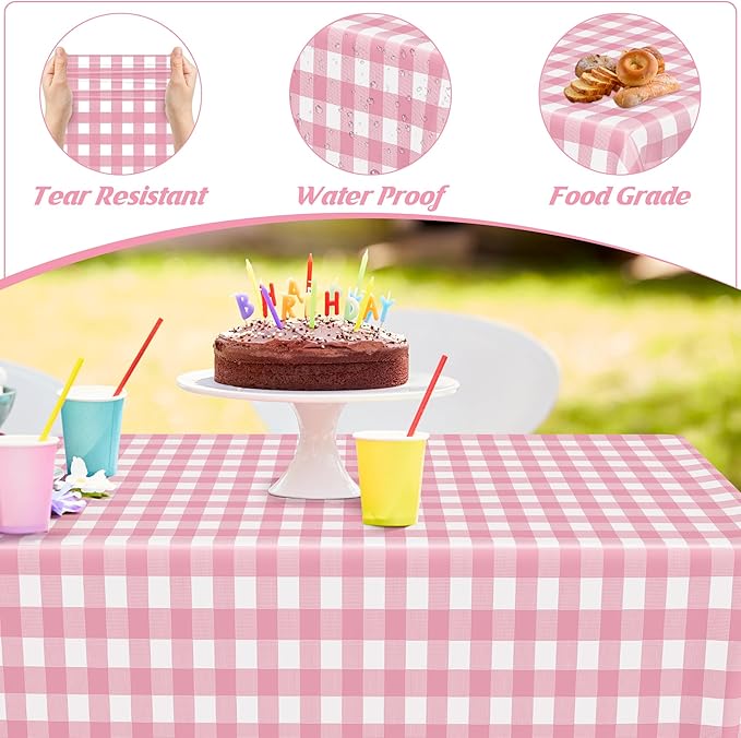 4Pack Pink Table Cloth, 54" x 108" Plastic Table Cloth Disposable, Waterproof Picnic Table Cover Checkered Rectangle Tablecloths for Indoor Outdoor Picnic Birthday Party Supplies Gathering BBQ Holiday