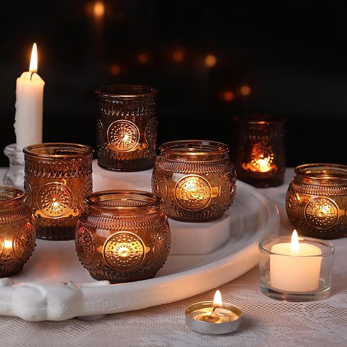 DARJEN 12Pcs Amber Votive Candle Holders - Vintage Glass Candle Holders for Flameless LED Tea Waxes, Tealight Candle Holder for Wedding & Home Table Decor, Vintage Parties