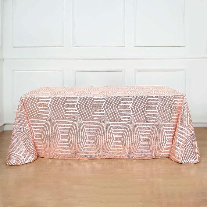 Efavormart 90"X132" Blush Rose Gold Sparkly Sequin Geometric Tulle Rectangular Tablecloth