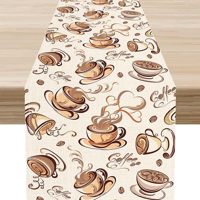 Coffee Time Table Runner, Farmhouse Retro Coffee Cup Tea Party Cafe Table Center Decor for Home Kitchen Dining Patio Holiday Party Indoor Outdoor Table Decorations,13"x72" Inch
