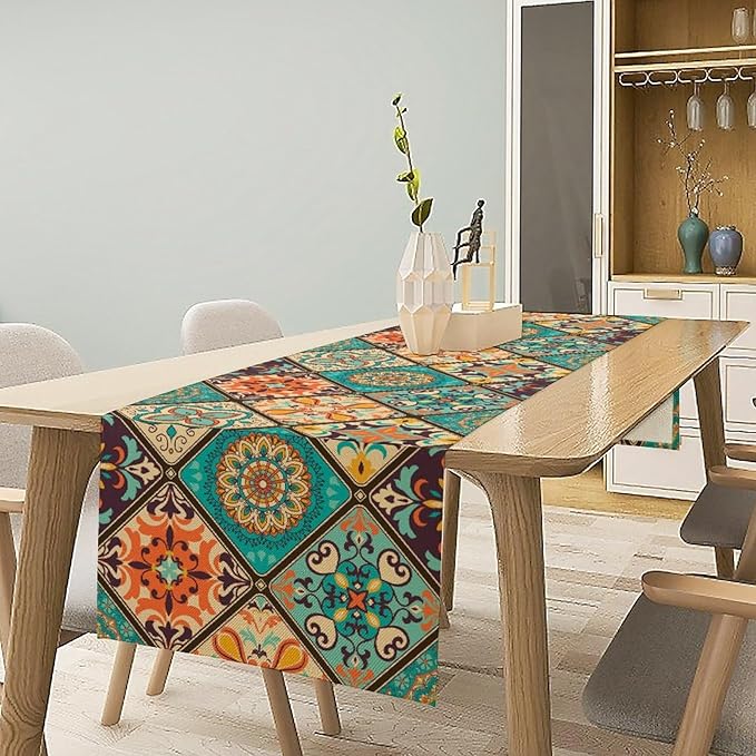 Bohemian Patchwork Table Runnerboho Colorful Tile Patchwork Indian Floral Print Table Runner for Home Kitchen Indoor Outdoor Party Wedding Decor, 13x70inch