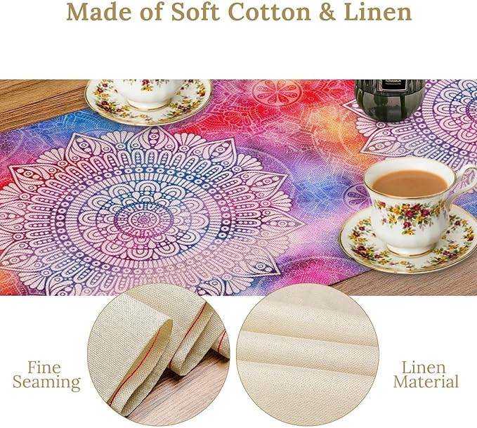 Vintage Mandala Table Runner, Bohemian Indian Purple Starry Colorful Floral Print Table Runner for Home Kitchen Dining Table Party Decor, 13x90inch