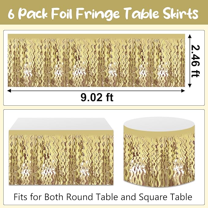 6 Pack 29 x108 Inch Light Gold Wave Foil Fringe Table Skirts Metallic Banner for Tinsel Streamer Garland Backdrop for Parade Floats, Mother's Day, Easter, Wedding, Birthday Party Decoration