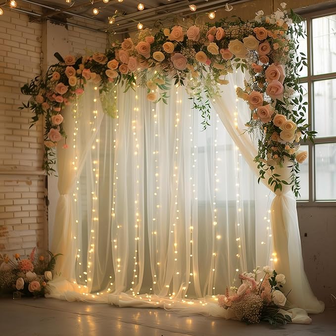 Tulle Backdrop Curtain with Lights String 10FT X 8FT Champagne Sheer Tulle Backdrop Curtains for Wedding Birthday Party Reception Photo Booth Background Decorations (2 Panels 5x8FT)