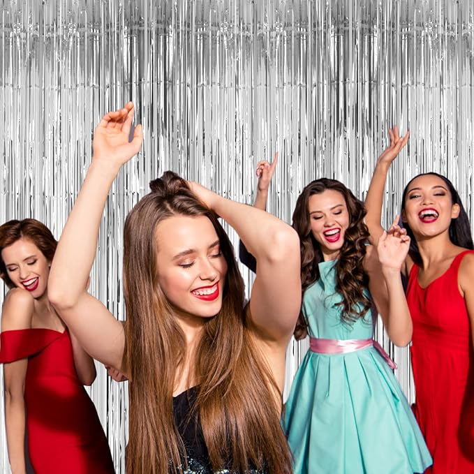 4 Pack Silver Foil Fringe Backdrop Curtains, Tinsel Streamers Birthday Party Decorations, Fringe Backdrop for Graduation, Baby Shower, Gender Reveal, Disco Party
