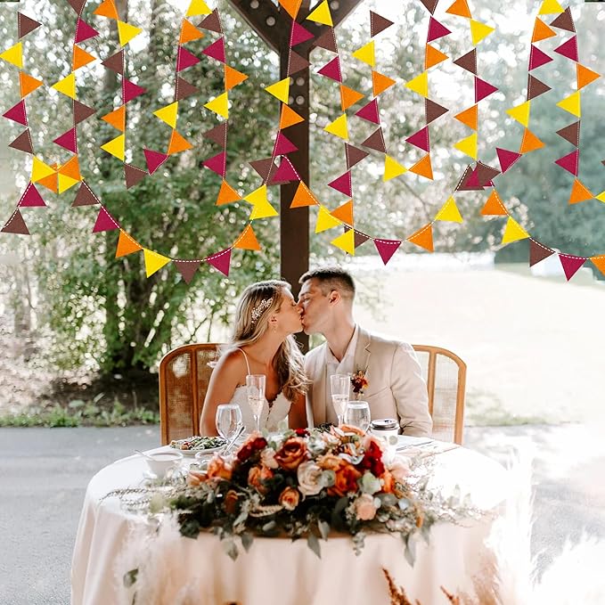 Fall Party Decoration Orange Yellow Brown Burgundy Felt Hanging Triangle Mini Bunting Pennant Banner Flag for Autumn Thanksgiving Harvest Birthday Wedding Baby Shower Party Classroom Nursery Decor