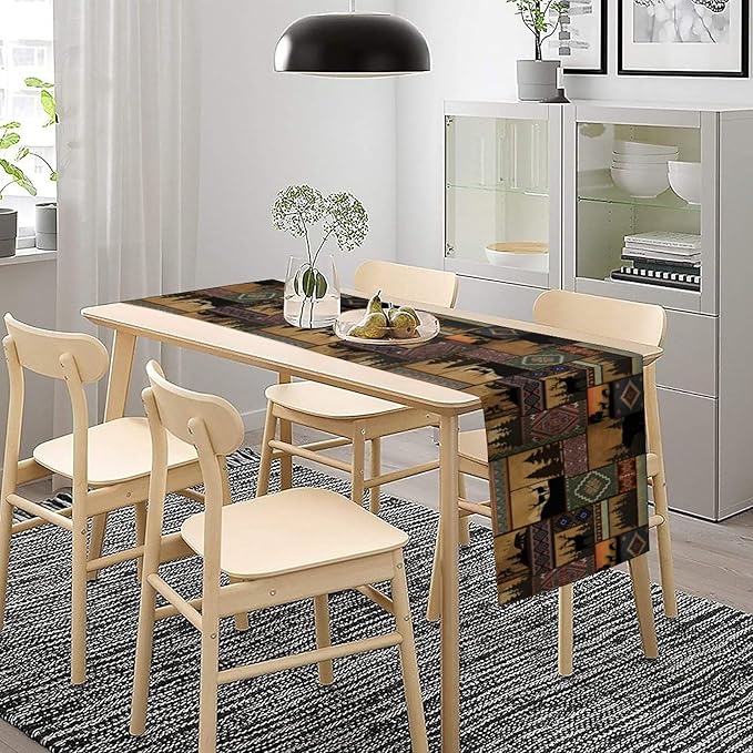 Rustic Cabin Bear Aztec Table Runner, Retro Brown Bear Rustic Theme Geometry Decoration for Home Dinner Party Living Room Bedroom Table Runner 13x108 Inch