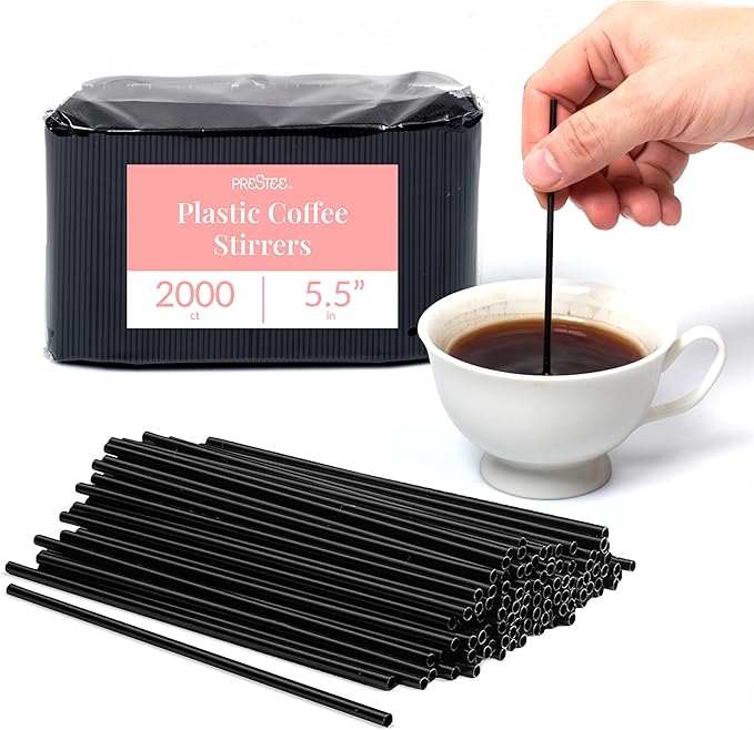 Prestee Plastic Coffee Stirrers 5.5 Inch, 2000 Count - Disposable Black Drink Stir Sticks for Coffee, Tea, Cocktails & Beverages - BPA-Free Plastic Stirring Straws for Home, Office & Events