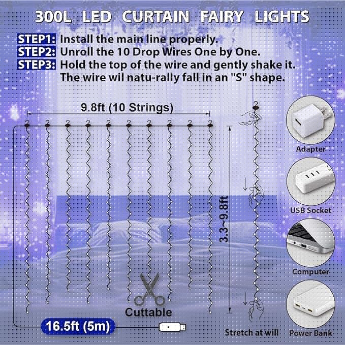 HXWEIYE 300LED Fairy Curtain Lights, 9.8x9.8Ft USB Plug-in 8 Modes Christmas String Hanging Lights with Remote for Bedroom Backdrop Wedding Party Indoor Wall Decor, Blue