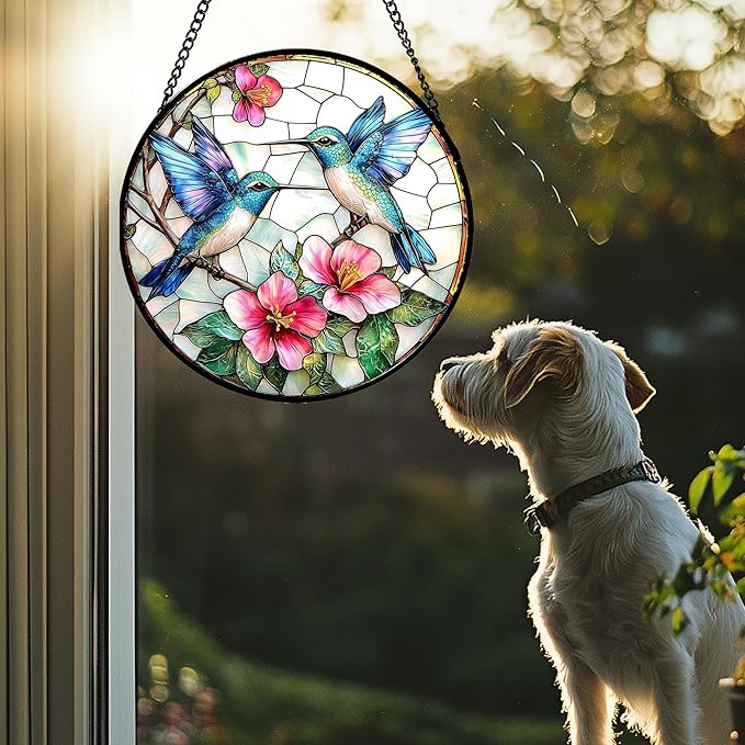 Stained Glass Window Hanging - Blue White Hummingbirds Pink Flowers Suncatcher for Door Terrace Garden Home Decor Bird Sun Catcher Birthday Gifts for Lovers Women Men Dad Mom Nana 7.8 in