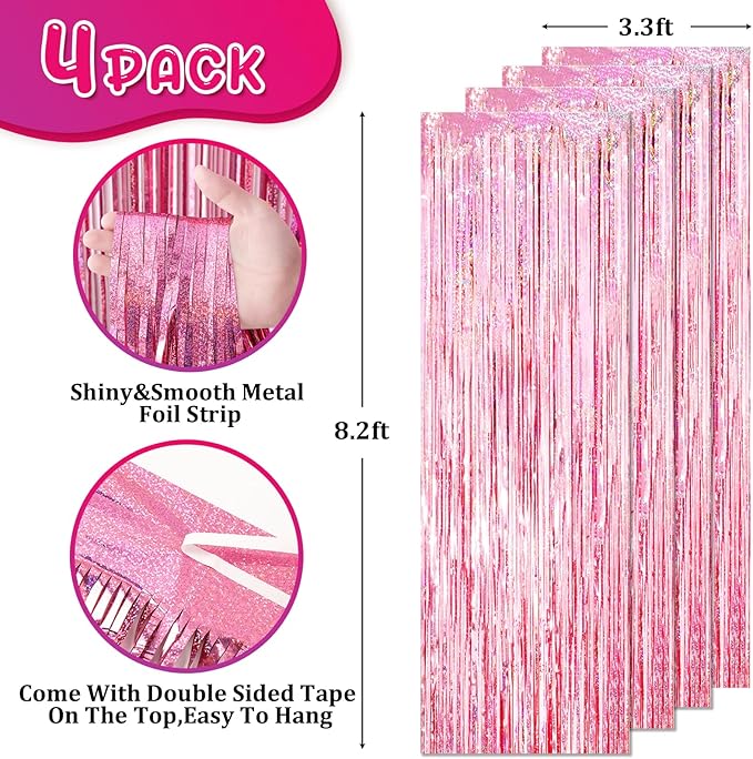 4 Pack 3.3x8.2 Feet Laser Pink Foil Fringe Backdrop Curtains, Tinsel Streamers Birthday Party Decorations, Fringe Backdrop for Graduation, Baby Shower, Gender Reveal, Disco Party