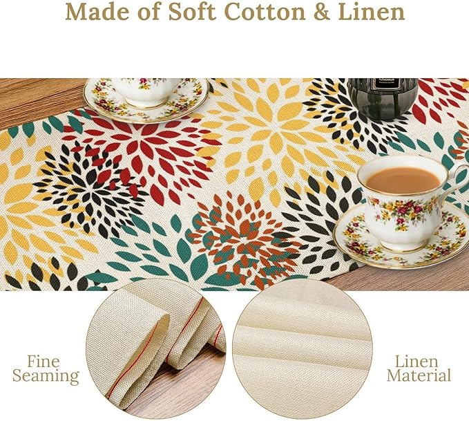 Green Red Dahlia Flower Table Runner Chrysanthemum Geometric Kitchen Dining Bedroom Living Room Table Decor for Indoor Outdoor Home Party, 13x36 Inch
