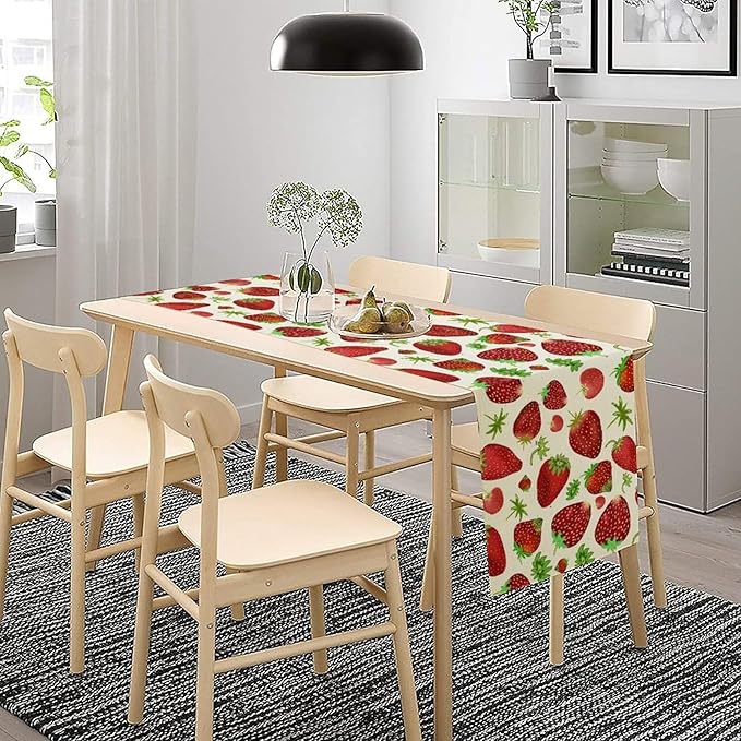 Strawberry Table Runner Spring Summer Fruit Wild Berry Forest Garden Dinner Runner for Girl Baby Shower Party Holiday Home Kitchen Dining Table Decor 13x90