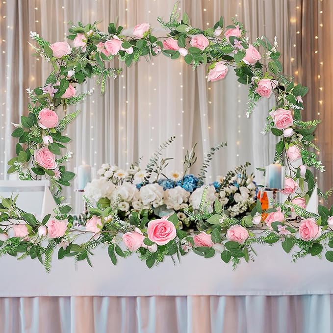 Naidiler Full Pink Flower Garland, 6.2FT Artificial Rose Floral Vine Pretty Spring Pink Flower Garland for Wedding Arch Decor Home Backdrop Wall Table Centerpiece Valentines Decoration