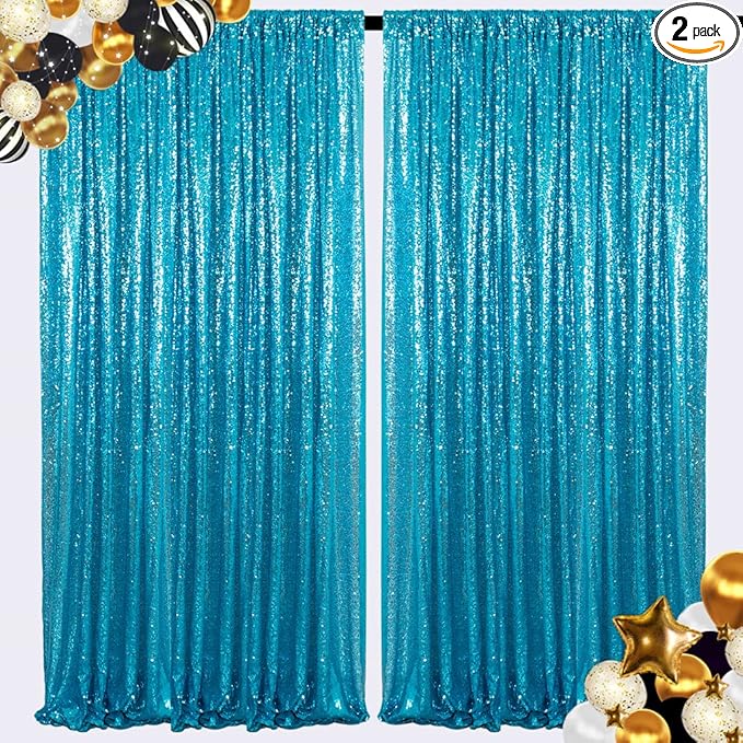 ShinyBeauty Turquoise Sequin Backdrop Curtain | 2 Panels 4FTx8FT Shimmer Backdrop | Wedding & Party Photo Background | Sky Blue Glitter Backdrop | Elegant & Sparkly Decor