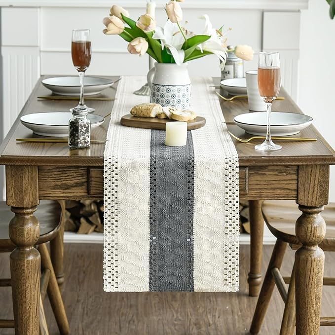 Artoid Mode Dark Grey Farmhouse Rustic Table Runner, Seasonal Holiday Hollow Kitchen Dining Table Decoration for Home Party Decor 12x72 Inch