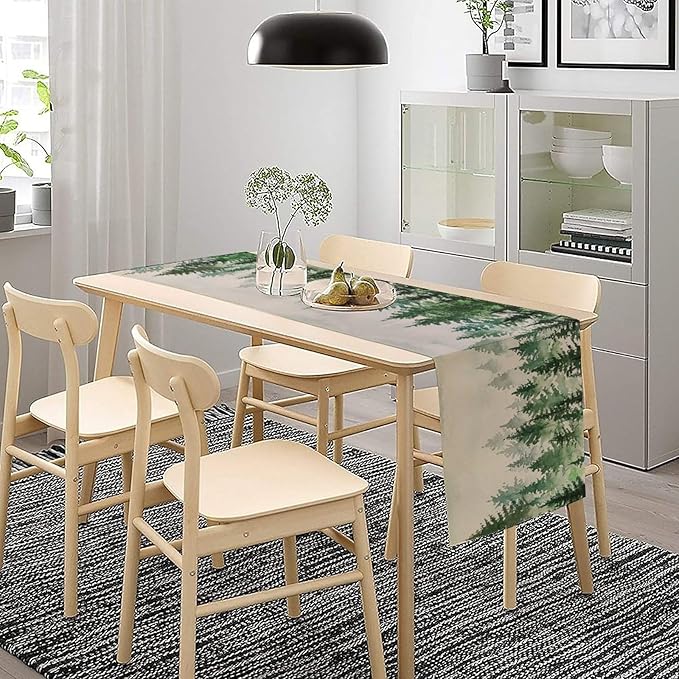 Foggy Forest Table Runner,Green Forest Natural Landscape Table Runner for Kitchen Dining Table Home Party Decoration 13x60 Inch