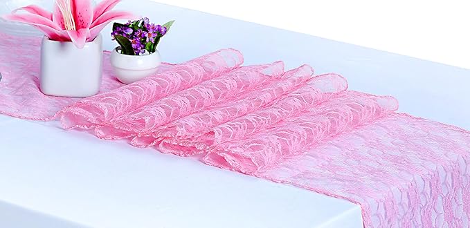 MDS Pack of 25 Wedding 12 x 108 inches Lace Table Runner for Wedding, Decorations for Birthday Parties, Banquets, Graduations, Engagements, and Runners fit Rectangle, Round Table- Pink