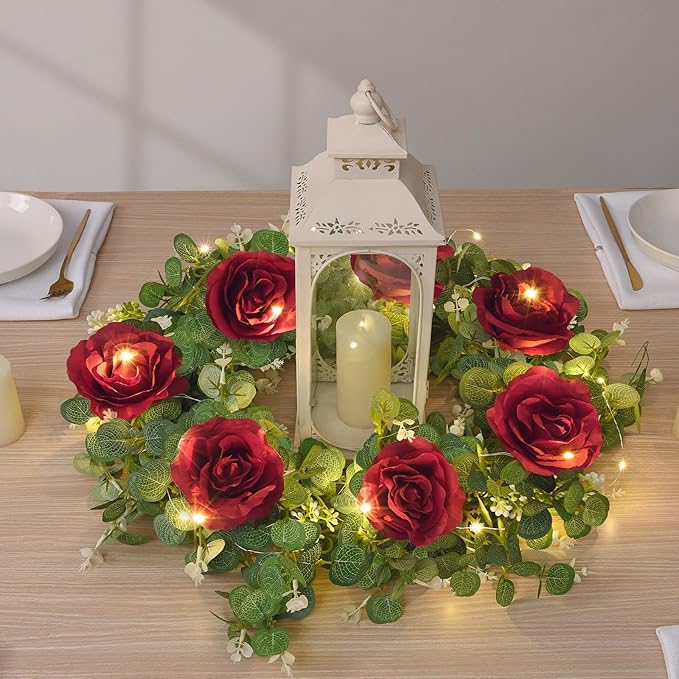 Dolicer 2Pcs 13Ft Artificial Eucalyptus Garlands with Flowers - 8 Roses, Faux Floral Greenery Garlands with 13Ft String Lights Fake Flowers Vines for Wedding Table Centerpieces Arch Party Decor (Red)