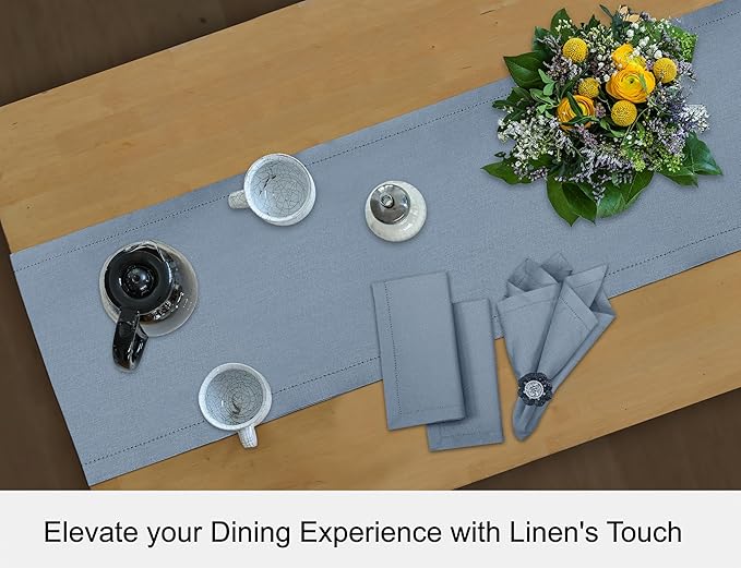 Ruvanti Linen Table Runner 90 Inches, Classic Hemstitch, Washable, Reusable, Non-Slipping, Stain Resistant- Perfect for Parties, Weddings, Dinners, Thanksgiving, Christmas, Indoor use – Grey