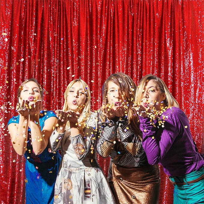 SquarePie Sequin Backdrop Curtain Not See Through Thick Glitter Background for Party 7FT x 7FT Red