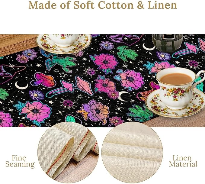 Gothic Star Moon Colorful Table Runner for Kitchen Living Room Home Party Boho Floral Table Runner 13x70 Inch