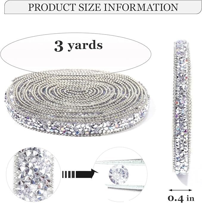 Rhinestone Ribbon 3 Yards Self Adhesive Rhinestone Strips Diamond Ribbon Sticker Crystal Roll Glitter Bling Rhinestones Tape for Crafting DIY Art Decoration (Silver AB,0.4 Inch)